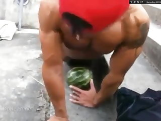 Big Fat cock muscle hunk fucks watermelon